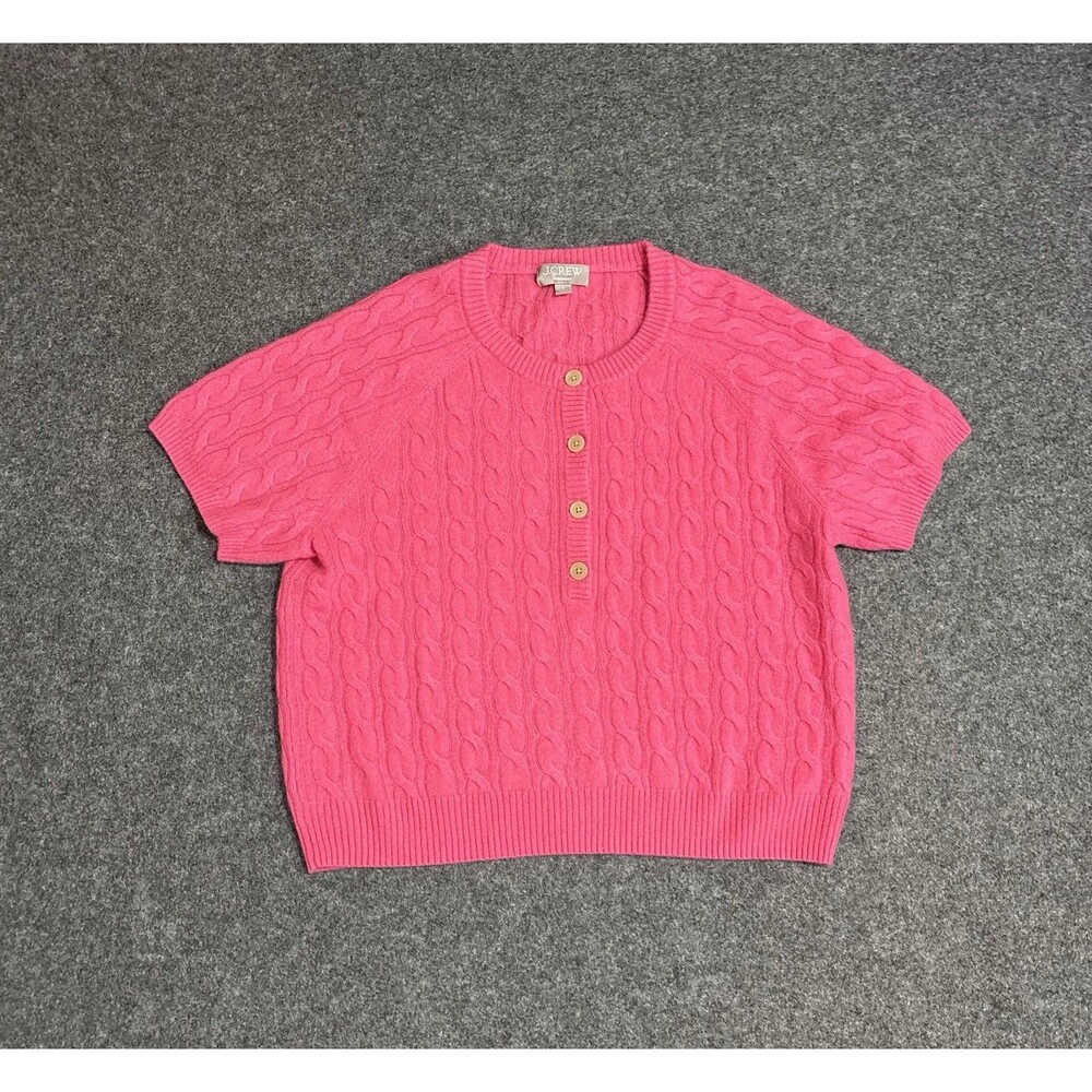 J. Crew Cashmere Sweater Size Large Cable Knit Short Sleeve Henley Top Pink